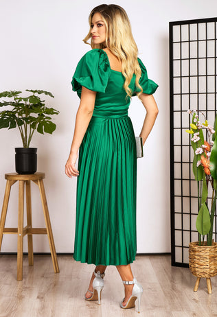 Rochie eleganta Anita midi plisata verde cu bust petrecut