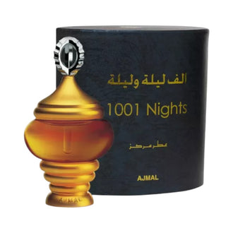Ulei parfumat concentrat Ajmal 1001 Nights (Alf Laila O Laila) 30 ml. Flacon auriu, elegant, în formă de cupolă, cu capac argintiu, lângă cutia neagră inscripționată în arabă și engleză.
