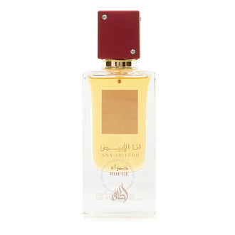 Sticla parfum Lattafa Ana Abiyedh Rouge 60 ml, design elegant cu lichid rosu.