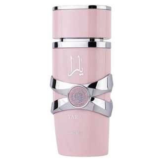 Sticla parfum Lattafa Yara 100 ml, celebrul flacon roz iconic.