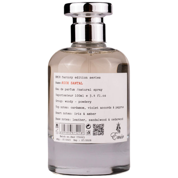 Sticla de parfum Emir Rich Santal 100 ml, design elegant si luxos, cu finisaje atent lucrate, potrivit pentru iubitorii de parfumuri orientale rafinate
