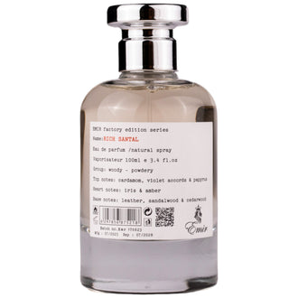 Sticla de parfum Emir Rich Santal 100 ml, design elegant si luxos, cu finisaje atent lucrate, potrivit pentru iubitorii de parfumuri orientale rafinate