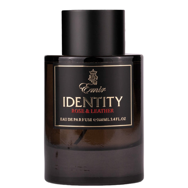 Sticla de parfum Emir Identity Rose & Leather 100 ml, design elegant si luxos, cu finisaje atent lucrate, potrivit pentru iubitorii de parfumuri orientale rafinate