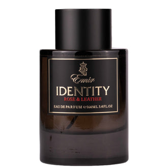 Sticla de parfum Emir Identity Rose & Leather 100 ml, design elegant si luxos, cu finisaje atent lucrate, potrivit pentru iubitorii de parfumuri orientale rafinate