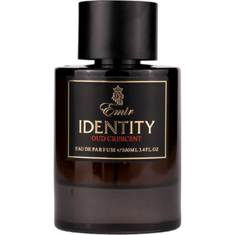 Sticla de parfum Emir Identity Oud Crescent 100 ml, design elegant si luxos, cu finisaje atent lucrate, potrivit pentru iubitorii de parfumuri orientale rafinate
