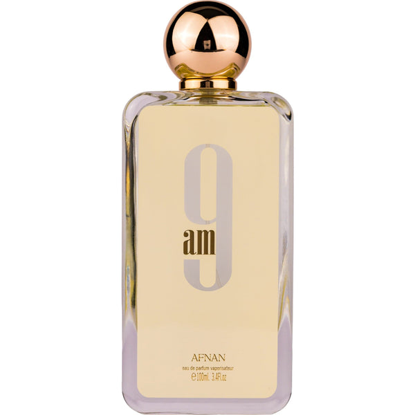 Sticla de parfum Afnan 9 AM 100 ml, design elegant si luxos, cu finisaje atent lucrate, potrivit pentru iubitorii de parfumuri orientale rafinate