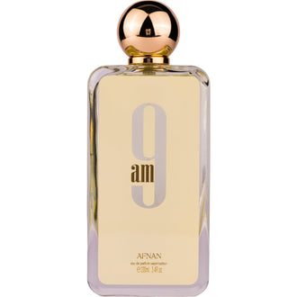 Sticla de parfum Afnan 9 AM 100 ml, design elegant si luxos, cu finisaje atent lucrate, potrivit pentru iubitorii de parfumuri orientale rafinate