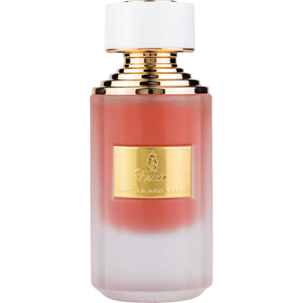 Sticla de parfum Emir Vanilla and Roses 75 ml, design elegant si luxos, cu finisaje atent lucrate, potrivit pentru iubitorii de parfumuri orientale rafinate