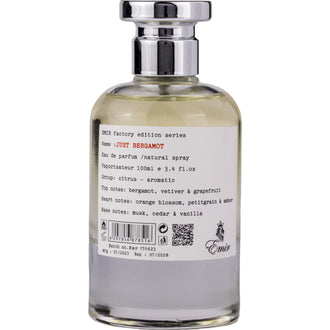 Sticla de parfum Emir Just Bergamot 100 ml, design elegant si luxos, cu finisaje atent lucrate, potrivit pentru iubitorii de parfumuri orientale rafinate