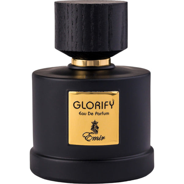 Sticla de parfum Emir Glorify 100 ml, design elegant si luxos, cu finisaje atent lucrate, potrivit pentru iubitorii de parfumuri orientale rafinate