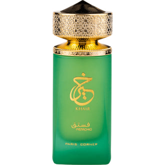 Sticla de parfum Paris Corner Khair Pistachio 100 ml, design elegant si luxos, cu finisaje atent lucrate, potrivit pentru iubitorii de parfumuri orientale rafinate