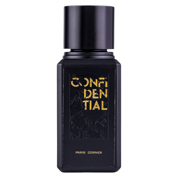 Sticla de parfum Paris Corner Confidential 100 ml, design elegant si luxos, cu finisaje atent lucrate, potrivit pentru iubitorii de parfumuri orientale rafinate