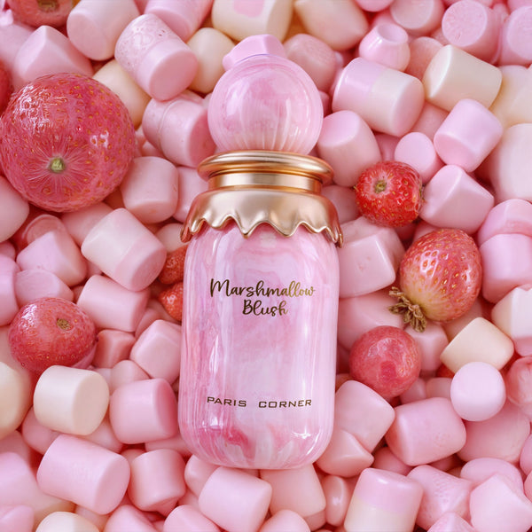 Sticla de parfum Paris Corner Marshmallow Blush 100 ml, design elegant si luxos, cu finisaje atent lucrate, potrivit pentru iubitorii de parfumuri orientale rafinate