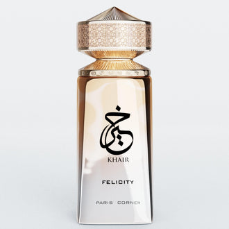 Sticla de parfum Paris Corner Khair Felicity 100 ml, design elegant si luxos, cu finisaje atent lucrate, potrivit pentru iubitorii de parfumuri orientale rafinate
