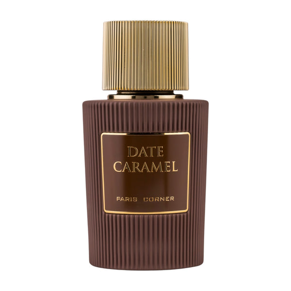 Sticla de parfum Paris Corner Date Caramel 100 ml, design elegant si luxos, cu finisaje atent lucrate, potrivit pentru iubitorii de parfumuri orientale rafinate
