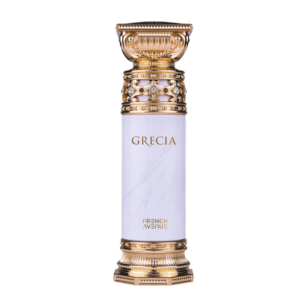 Sticla de parfum French Avenue Grecia White 100 ml, design elegant si luxos, cu finisaje atent lucrate, potrivit pentru iubitorii de parfumuri orientale rafinate