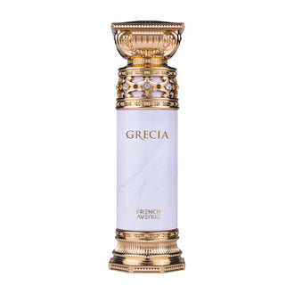 Sticla de parfum French Avenue Grecia White 100 ml, design elegant si luxos, cu finisaje atent lucrate, potrivit pentru iubitorii de parfumuri orientale rafinate