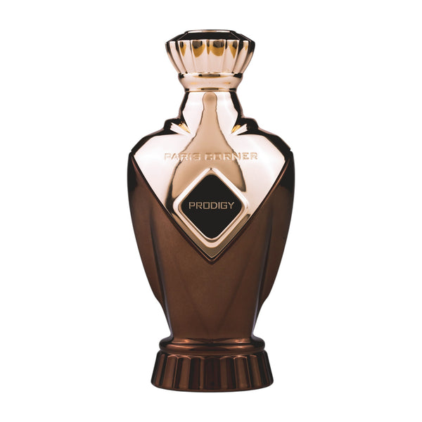 Sticla de parfum Paris Corner Prodigy 100 ml, design elegant si luxos, cu finisaje atent lucrate, potrivit pentru iubitorii de parfumuri orientale rafinate