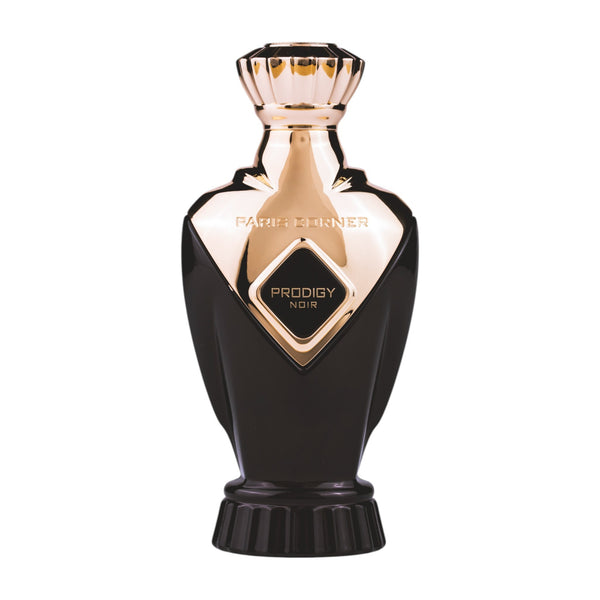 Sticla de parfum Paris Corner Prodigy Noir  ml, design elegant si luxos, cu finisaje atent lucrate, potrivit pentru iubitorii de parfumuri orientale rafinate