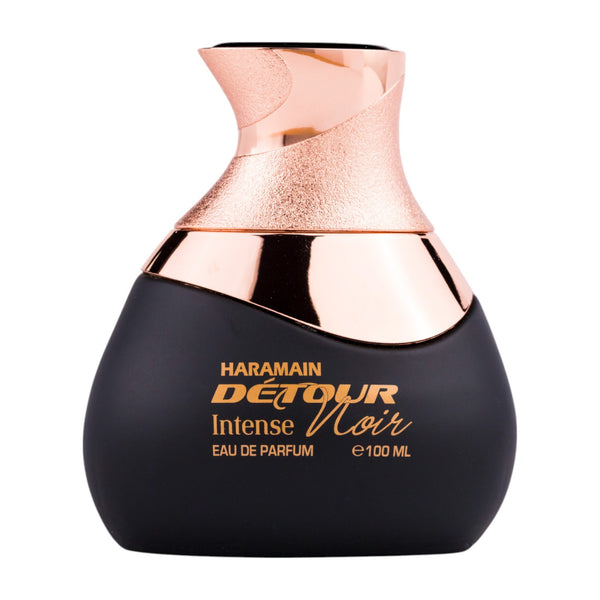 Sticla de parfum Al Haramain Detour Noir Intense 100 ml, design elegant si luxos, cu finisaje atent lucrate, potrivit pentru iubitorii de parfumuri orientale rafinate