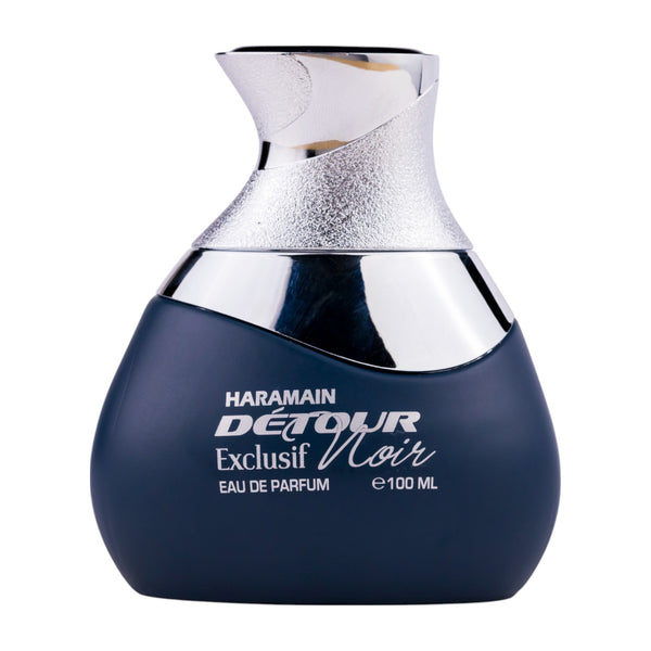 Sticla de parfum Al Haramain Detour Noir Exclusif 100 ml, design elegant si luxos, cu finisaje atent lucrate, potrivit pentru iubitorii de parfumuri orientale rafinate