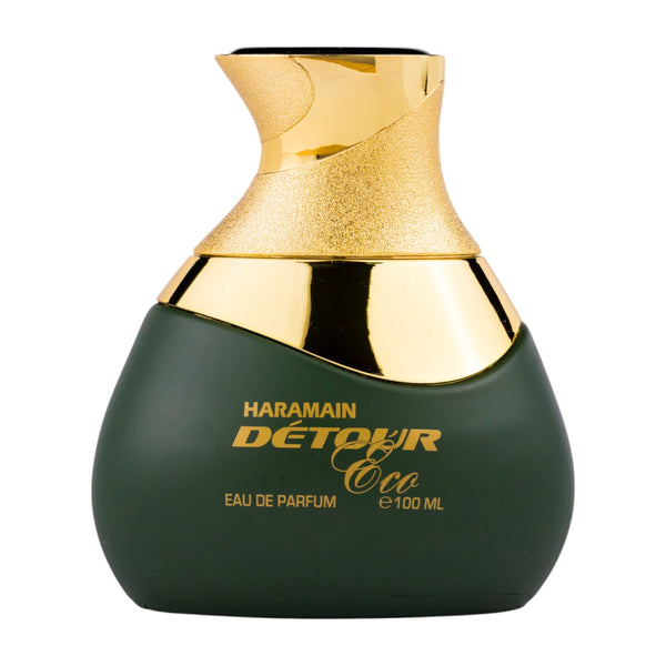 Sticla de parfum Al Haramain Detour Eco 100 ml, design elegant si luxos, cu finisaje atent lucrate, potrivit pentru iubitorii de parfumuri orientale rafinate