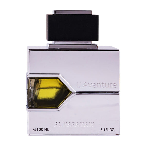 Sticla de parfum Al Haramain L'aventure 100 ml, design elegant si luxos, cu finisaje atent lucrate, potrivit pentru iubitorii de parfumuri orientale rafinate