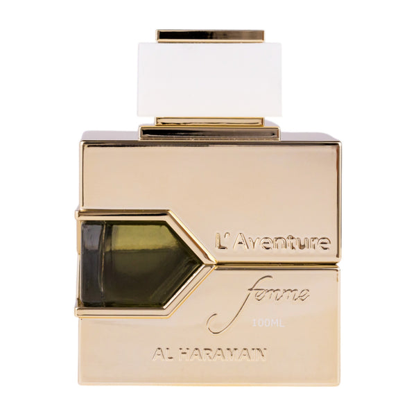 Sticla de parfum Al Haramain L'aventure Femme 100 ml, design elegant si luxos, cu finisaje atent lucrate, potrivit pentru iubitorii de parfumuri orientale rafinate
