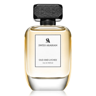 Sticla de parfum Swiss Arabian Oud and Lychee 100 ml, design elegant si luxos, cu finisaje atent lucrate, potrivit pentru iubitorii de parfumuri orientale rafinate