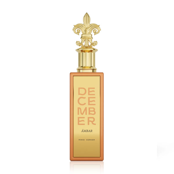 Sticla de parfum Paris Corner December Ambar 100 ml, design elegant si luxos, cu finisaje atent lucrate, potrivit pentru iubitorii de parfumuri orientale rafinate