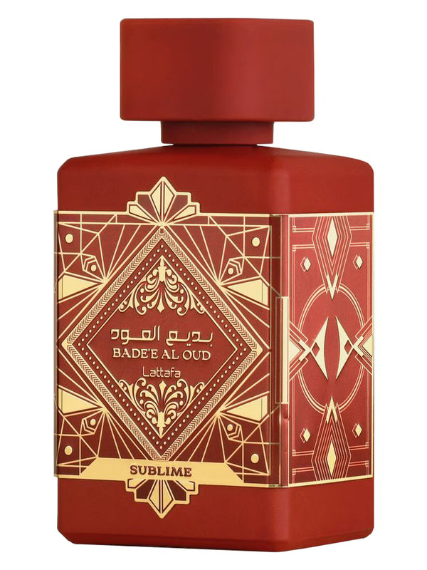 Parfum Lattafa Badee al Oud Sublime 100 ml, flacon rosu cu design auriu.