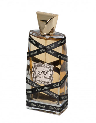 Parfum Lattafa Oud Mood 100 ml, flacon invelit intr-o panglica galbena eleganta.