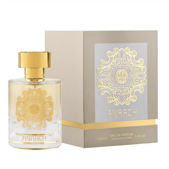 Sticla de parfum Alhambra Anarch 100 ml, design minimalist alb si auriu cu aspect luxos.