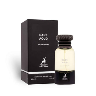 Sticla parfum Alhambra Dark Aoud 80 ml, flacon negru elegant cu detalii aurii si aspect luxos.