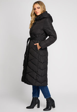 Darcy Long Black Quilted Jacket with Hood and Drawstring