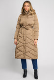 Darcy Long Beige Quilted Jacket with Hood and Drawstring