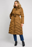 Darcy Long Brown Quilted Jacket with Hood and Drawstring