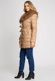 Tessa Long Quilted Jacket in Caramel Brown with Fur Collar