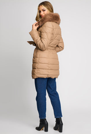 Tessa Long Quilted Jacket in Caramel Brown with Fur Collar