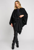 Poncho elegant negru Simone din stofa cu funda