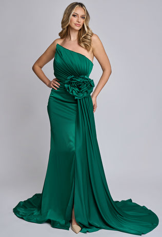 Rochie lunga de ocazie Luxury din tafta verde cu drapaje