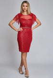 Red Avora evening dress with sequins and fringes