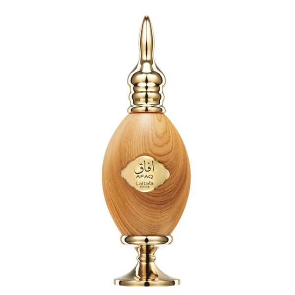 Sticla parfum Lattafa Pride Afaq Gold 100 ml, flacon cu design sculptural si capac auriu.