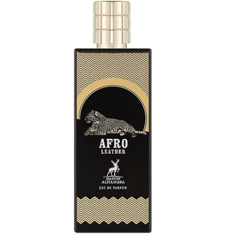Sticla parfum Alhambra Afro Leather 80 ml, design elegant cu motive tribale negre si aurii.