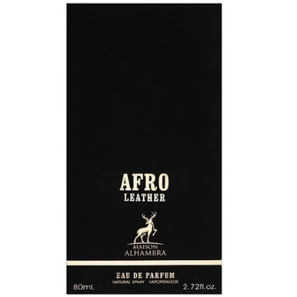 Sticla parfum Alhambra Afro Leather 80 ml, design elegant cu motive tribale negre si aurii.