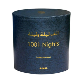Ulei parfumat concentrat Ajmal 1001 Nights (Alf Laila O Laila) 30 ml. Flacon auriu, elegant, în formă de cupolă, cu capac argintiu, lângă cutia neagră inscripționată în arabă și engleză.