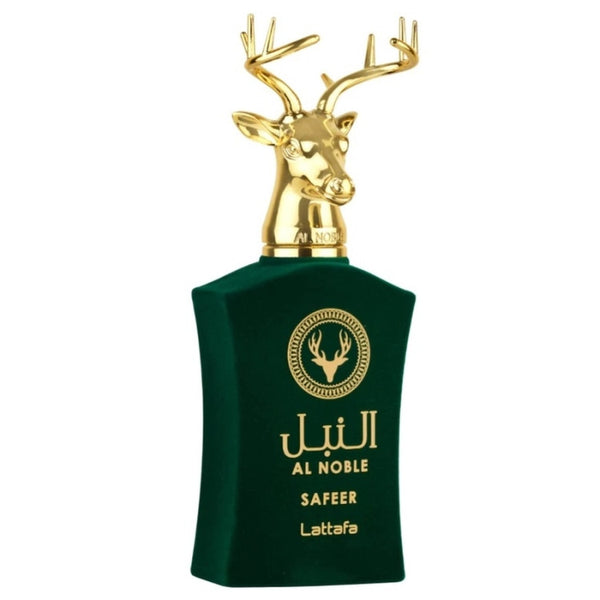 Parfum Al Noble Safeer 100 ml, flacon in tonuri verzi.
