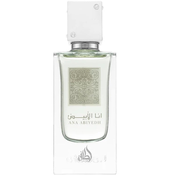 Parfum Lattafa Ana Abiyedh White 60 ml, flacon minimalist alb si argintiu.