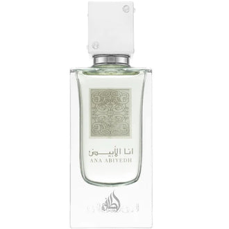 Parfum Lattafa Ana Abiyedh White 60 ml, flacon minimalist alb si argintiu.