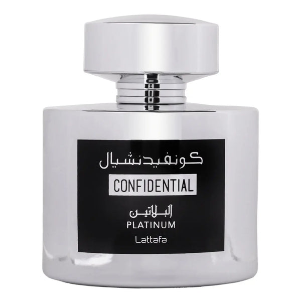 Sticla parfum Lattafa Confidential Platinum 100 ml, flacon argintiu modern.